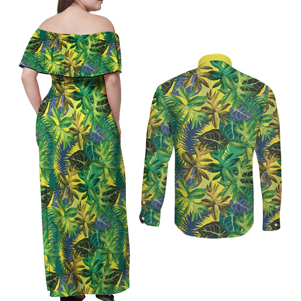 Hawaii Summer Tropical Leaves Couples Matching Off Shoulder Maxi Dress and Long Sleeve Button Shirt - Polynesian Pride