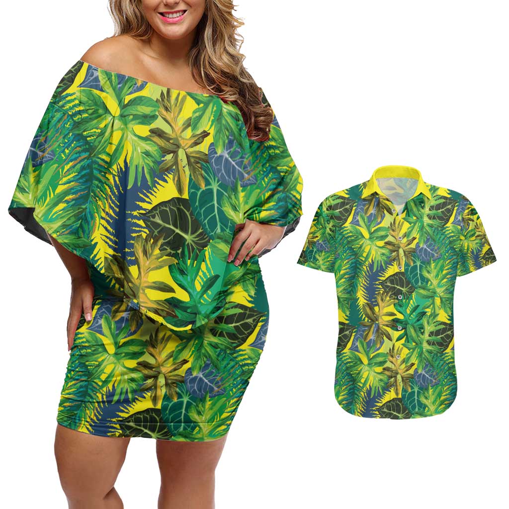 Hawaii Summer Tropical Leaves Couples Matching Off Shoulder Short Dress and Hawaiian Shirt - Polynesian Pride