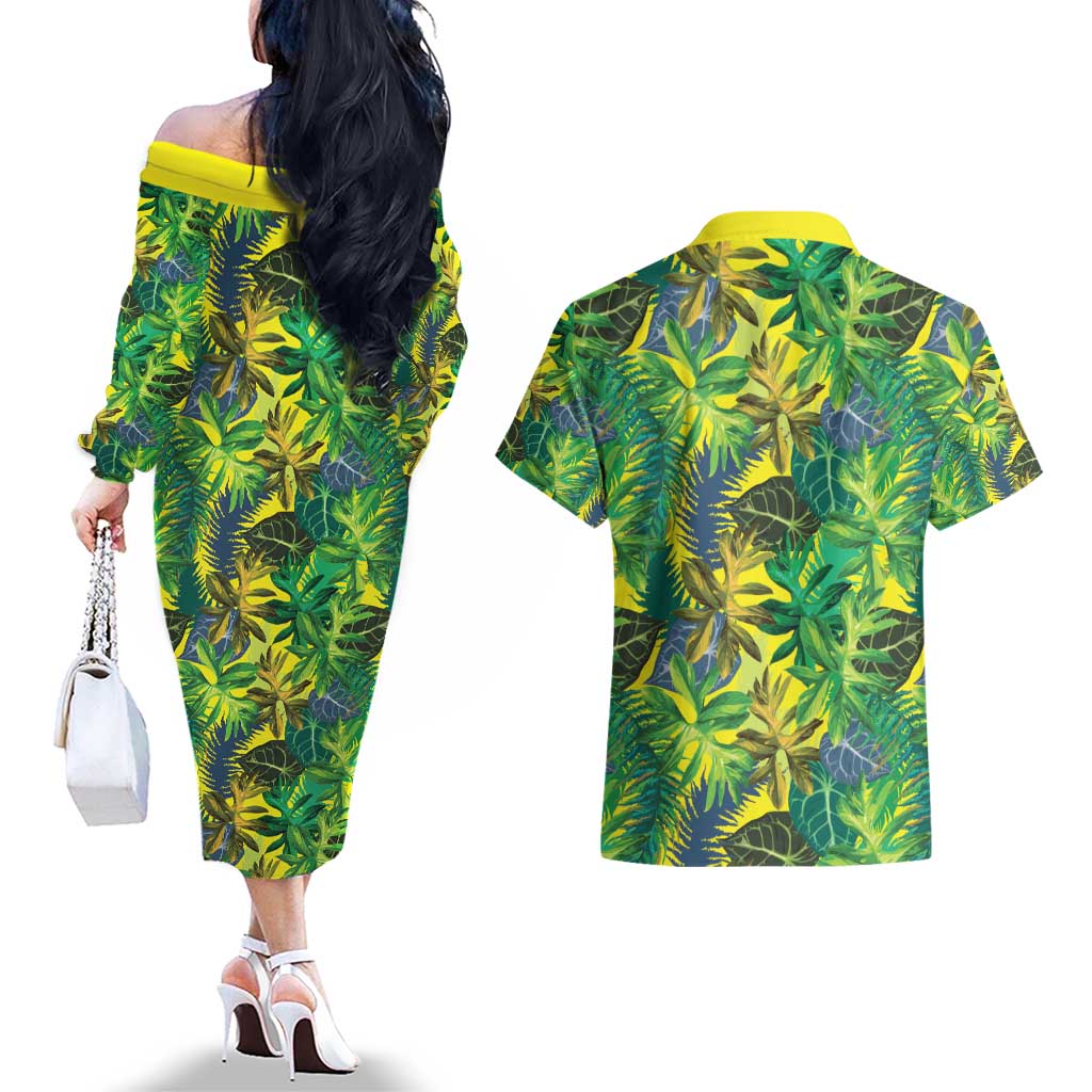 Hawaii Summer Tropical Leaves Couples Matching Off The Shoulder Long Sleeve Dress and Hawaiian Shirt - Polynesian Pride