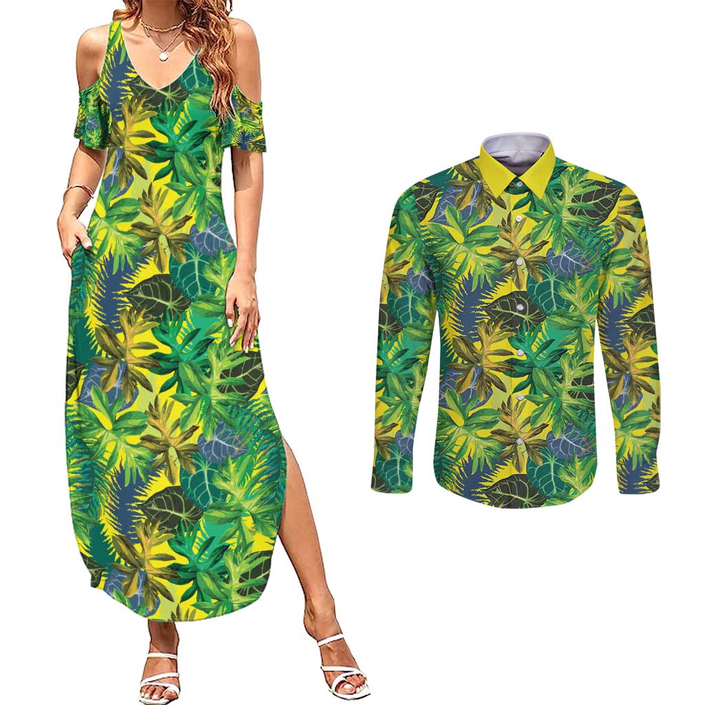 Hawaii Summer Tropical Leaves Couples Matching Summer Maxi Dress and Long Sleeve Button Shirt - Polynesian Pride
