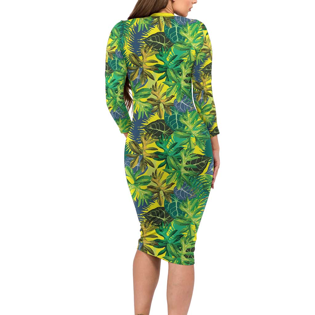 Hawaii Summer Tropical Leaves Long Sleeve Bodycon Dress - Polynesian Pride