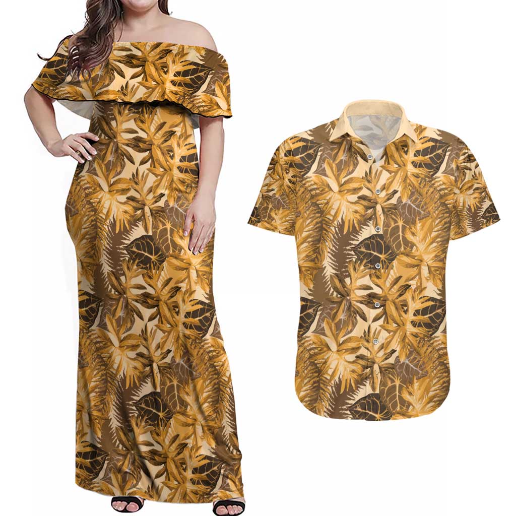 Hawaii Gold Tropical Leaves Couples Matching Off Shoulder Maxi Dress and Hawaiian Shirt - Polynesian Pride