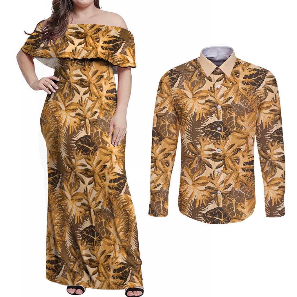 Hawaii Gold Tropical Leaves Couples Matching Off Shoulder Maxi Dress and Long Sleeve Button Shirt - Polynesian Pride