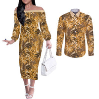 Hawaii Gold Tropical Leaves Couples Matching Off The Shoulder Long Sleeve Dress and Long Sleeve Button Shirt - Polynesian Pride