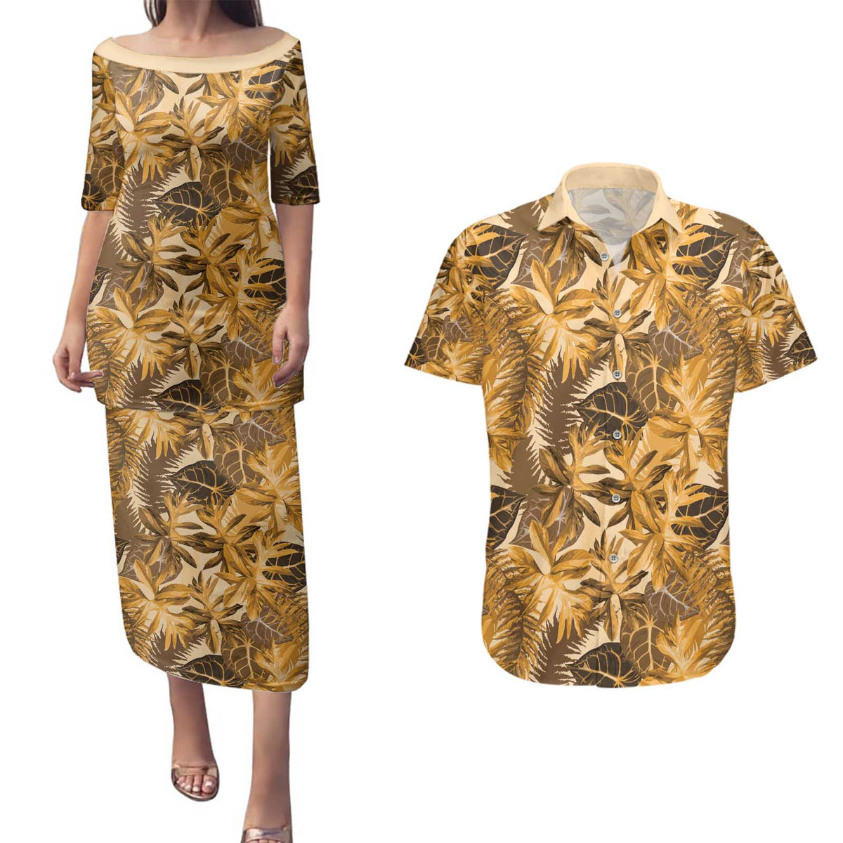Hawaii Gold Tropical Leaves Couples Matching Puletasi and Hawaiian Shirt - Polynesian Pride