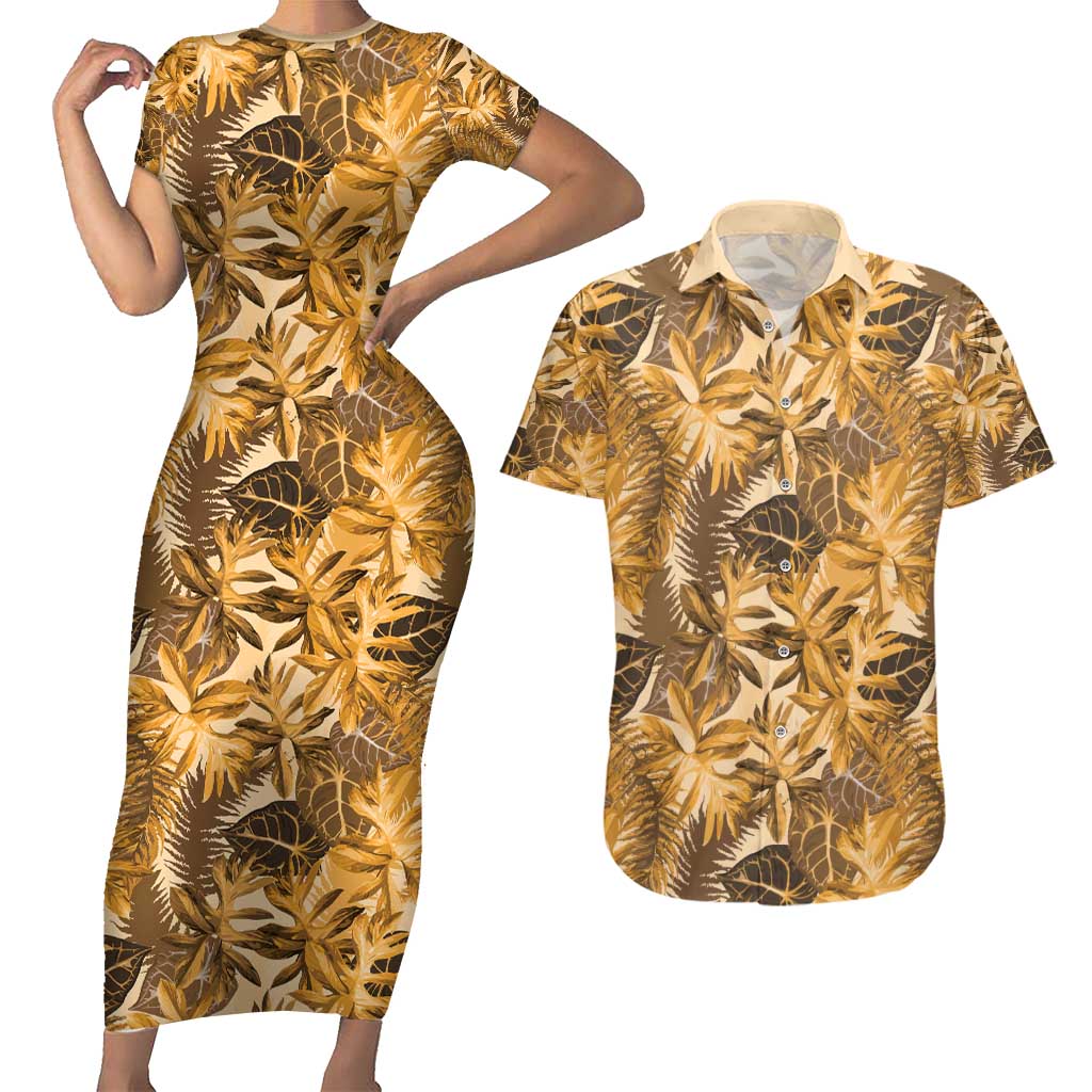 Hawaii Gold Tropical Leaves Couples Matching Short Sleeve Bodycon Dress and Hawaiian Shirt - Polynesian Pride