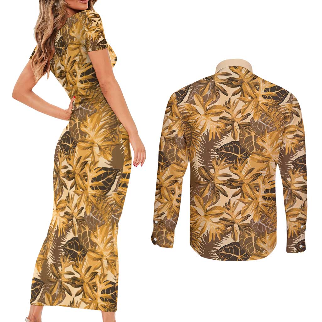 Hawaii Gold Tropical Leaves Couples Matching Short Sleeve Bodycon Dress and Long Sleeve Button Shirt - Polynesian Pride