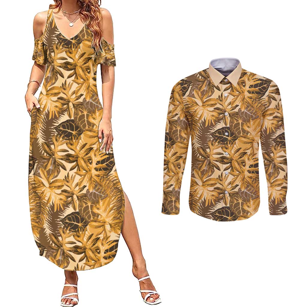 Hawaii Gold Tropical Leaves Couples Matching Summer Maxi Dress and Long Sleeve Button Shirt - Polynesian Pride