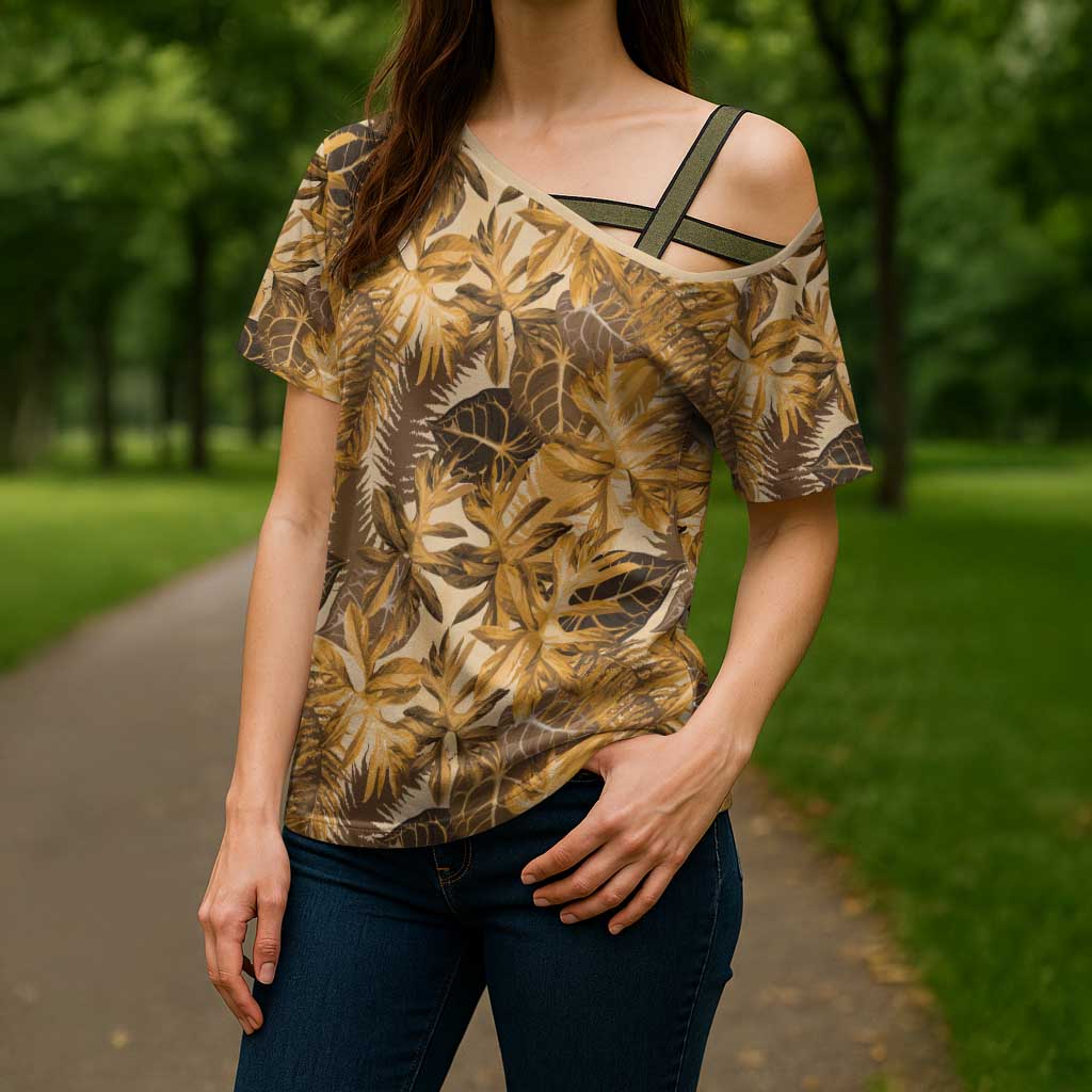 Hawaii Gold Tropical Leaves Cross Shoulder Shirt - Polynesian Pride