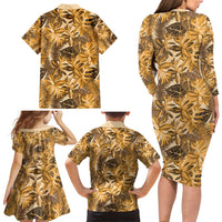 Hawaii Gold Tropical Leaves Family Matching Long Sleeve Bodycon Dress and Hawaiian Shirt - Polynesian Pride