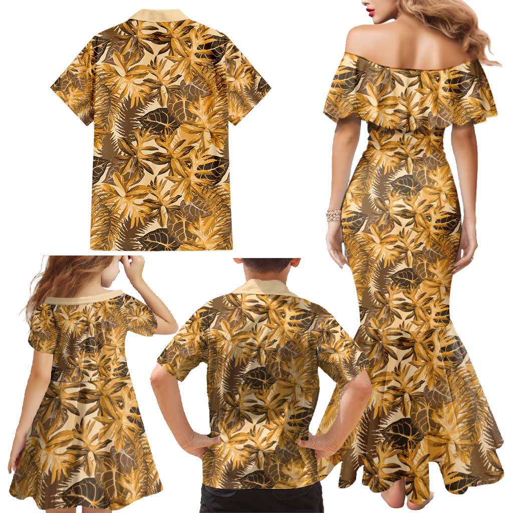 Hawaii Gold Tropical Leaves Family Matching Mermaid Dress and Hawaiian Shirt - Polynesian Pride