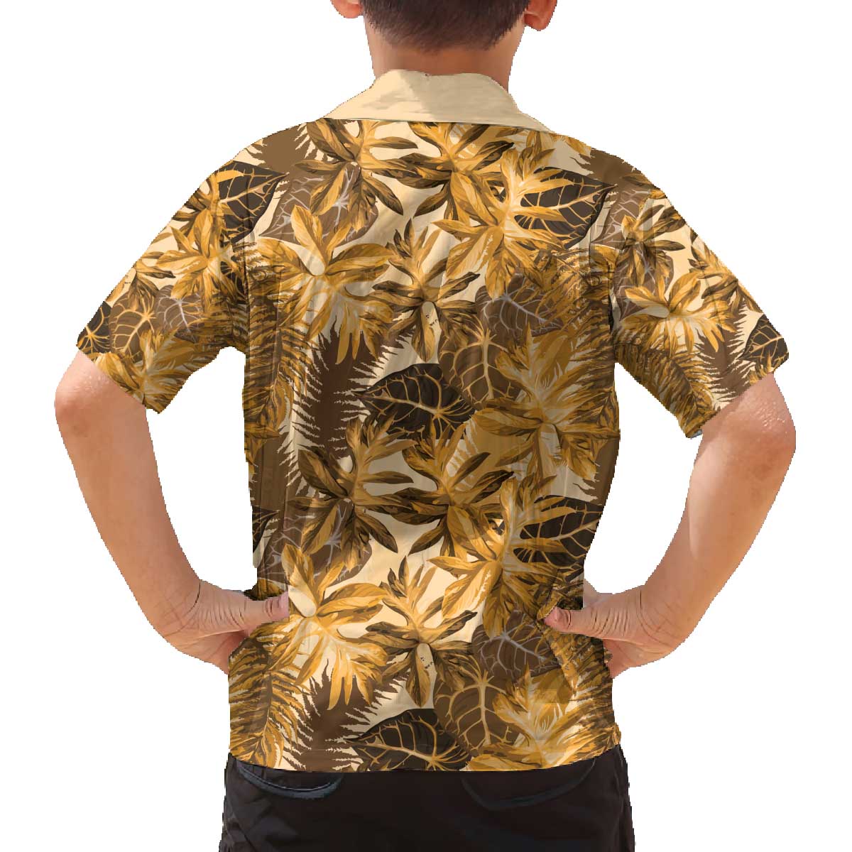 Hawaii Gold Tropical Leaves Family Matching Off The Shoulder Long Sleeve Dress and Hawaiian Shirt LT01 - Polynesian Pride
