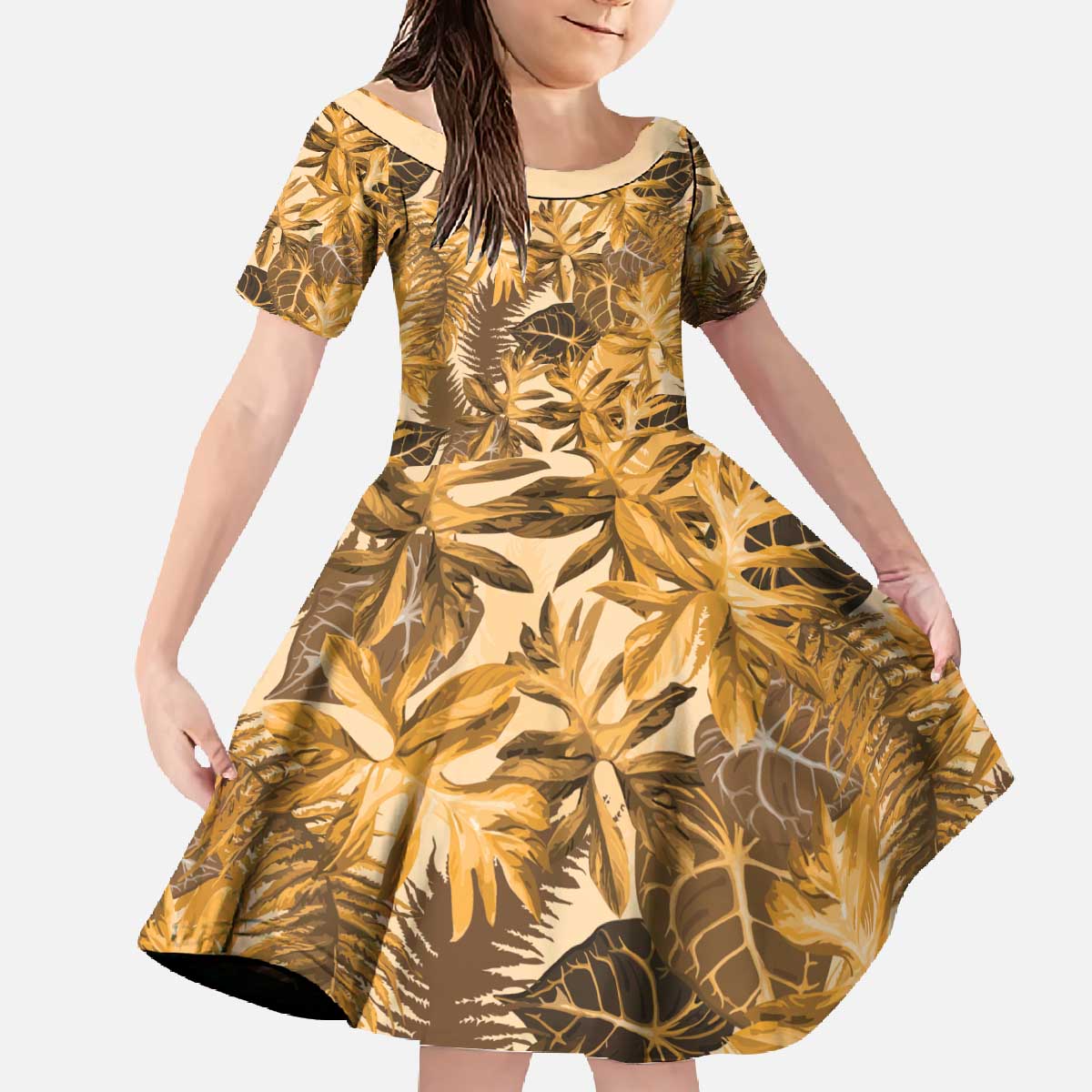 Hawaii Gold Tropical Leaves Family Matching Off The Shoulder Long Sleeve Dress and Hawaiian Shirt LT01 Daughter's Dress Gold - Polynesian Pride