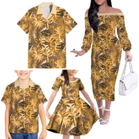 Hawaii Gold Tropical Leaves Family Matching Off The Shoulder Long Sleeve Dress and Hawaiian Shirt LT01 - Polynesian Pride