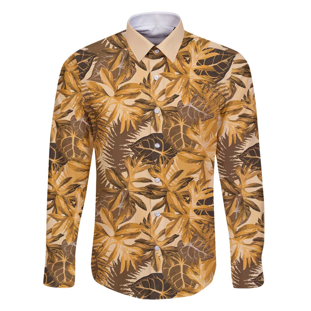 Hawaii Gold Tropical Leaves Family Matching Off The Shoulder Long Sleeve Dress and Hawaiian Shirt LT01 Dad's Shirt - Long Sleeve Gold - Polynesian Pride