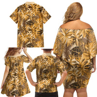 Hawaii Gold Tropical Leaves Family Matching Off Shoulder Short Dress and Hawaiian Shirt - Polynesian Pride
