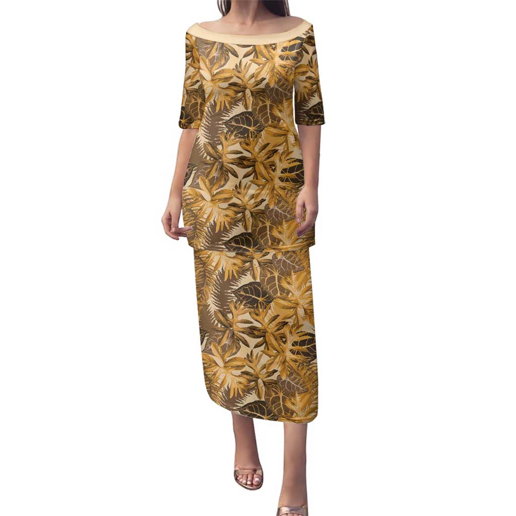 Hawaii Gold Tropical Leaves Family Matching Puletasi and Hawaiian Shirt - Polynesian Pride