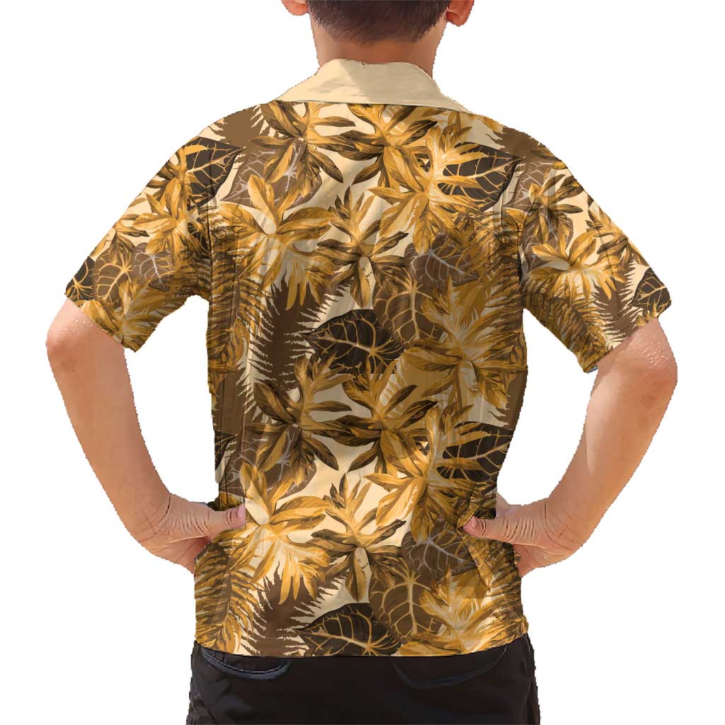 Hawaii Gold Tropical Leaves Family Matching Short Sleeve Bodycon Dress and Hawaiian Shirt - Polynesian Pride