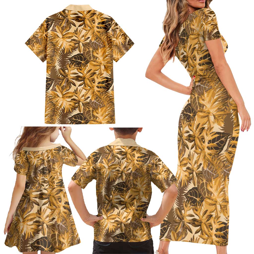 Hawaii Gold Tropical Leaves Family Matching Short Sleeve Bodycon Dress and Hawaiian Shirt - Polynesian Pride