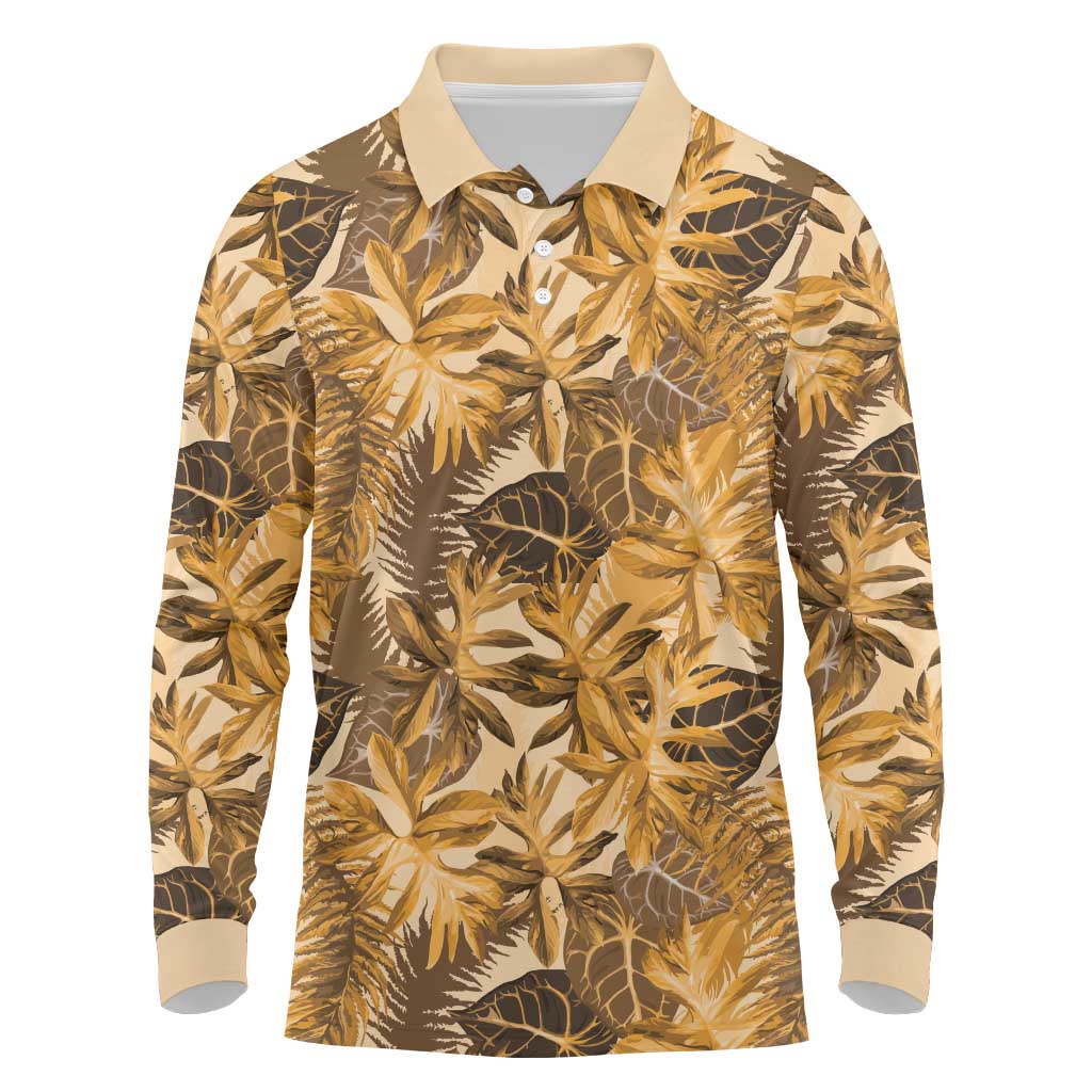Hawaii Gold Tropical Leaves Long Sleeve Polo Shirt - Polynesian Pride
