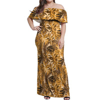 Hawaii Gold Tropical Leaves Off Shoulder Maxi Dress - Polynesian Pride