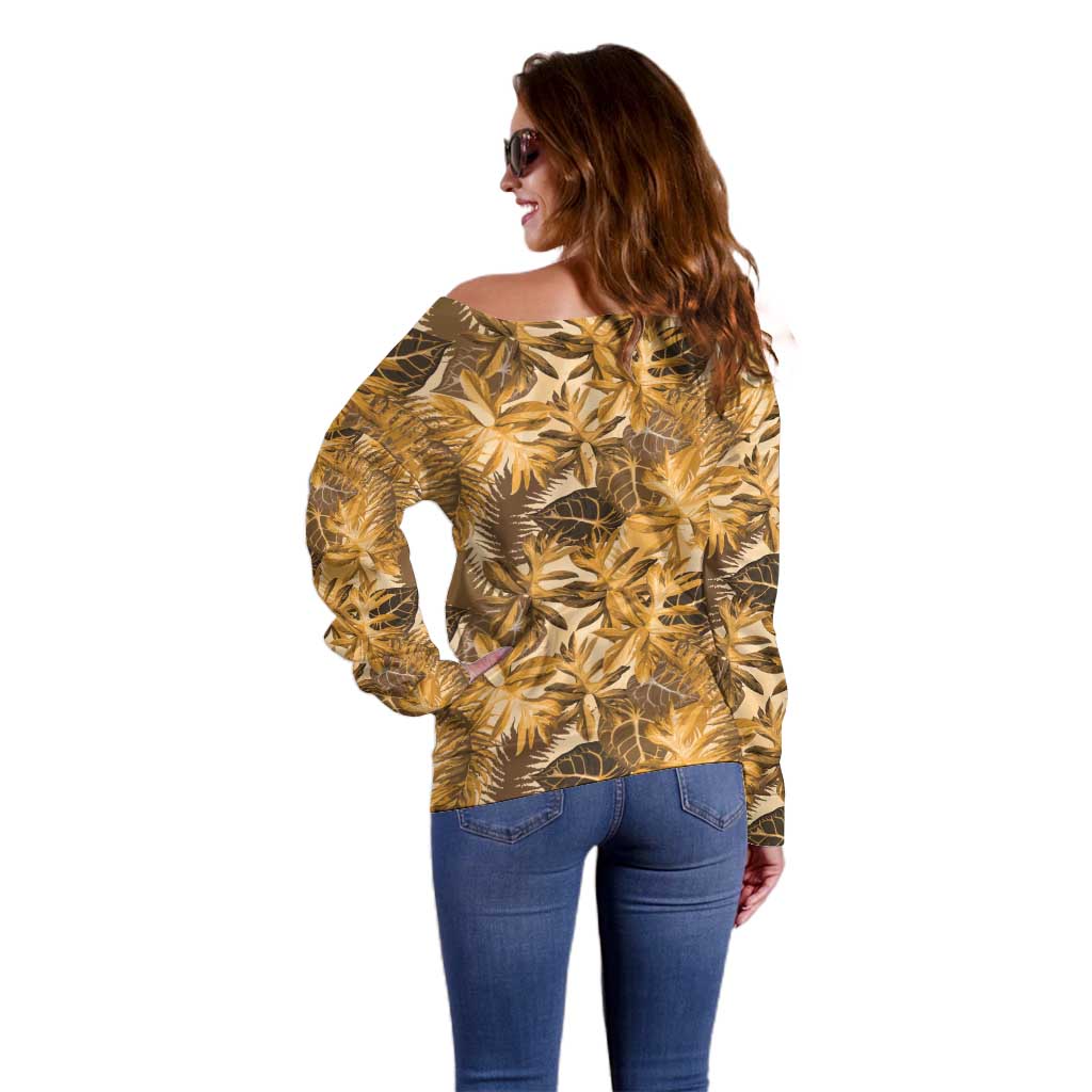 Hawaii Gold Tropical Leaves Off Shoulder Sweater - Polynesian Pride