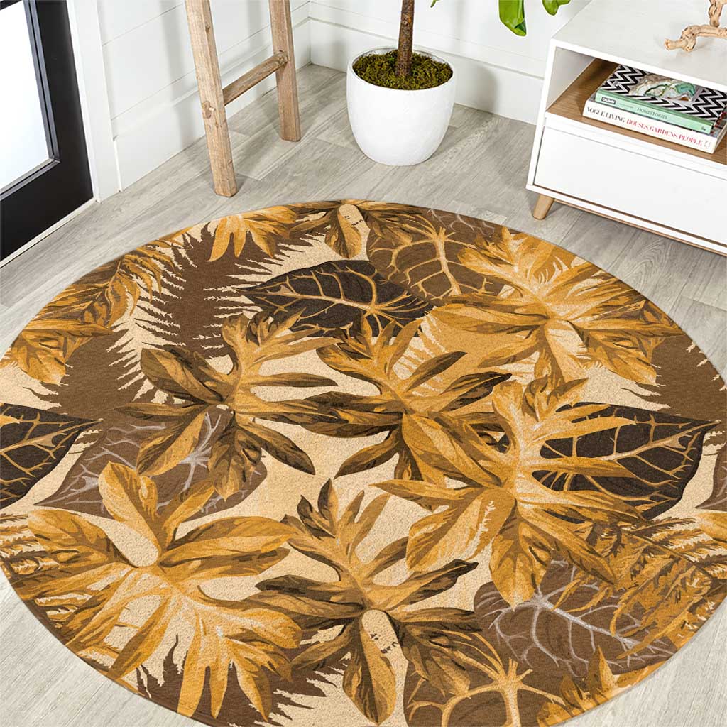Hawaii Gold Tropical Leaves Round Carpet - Polynesian Pride