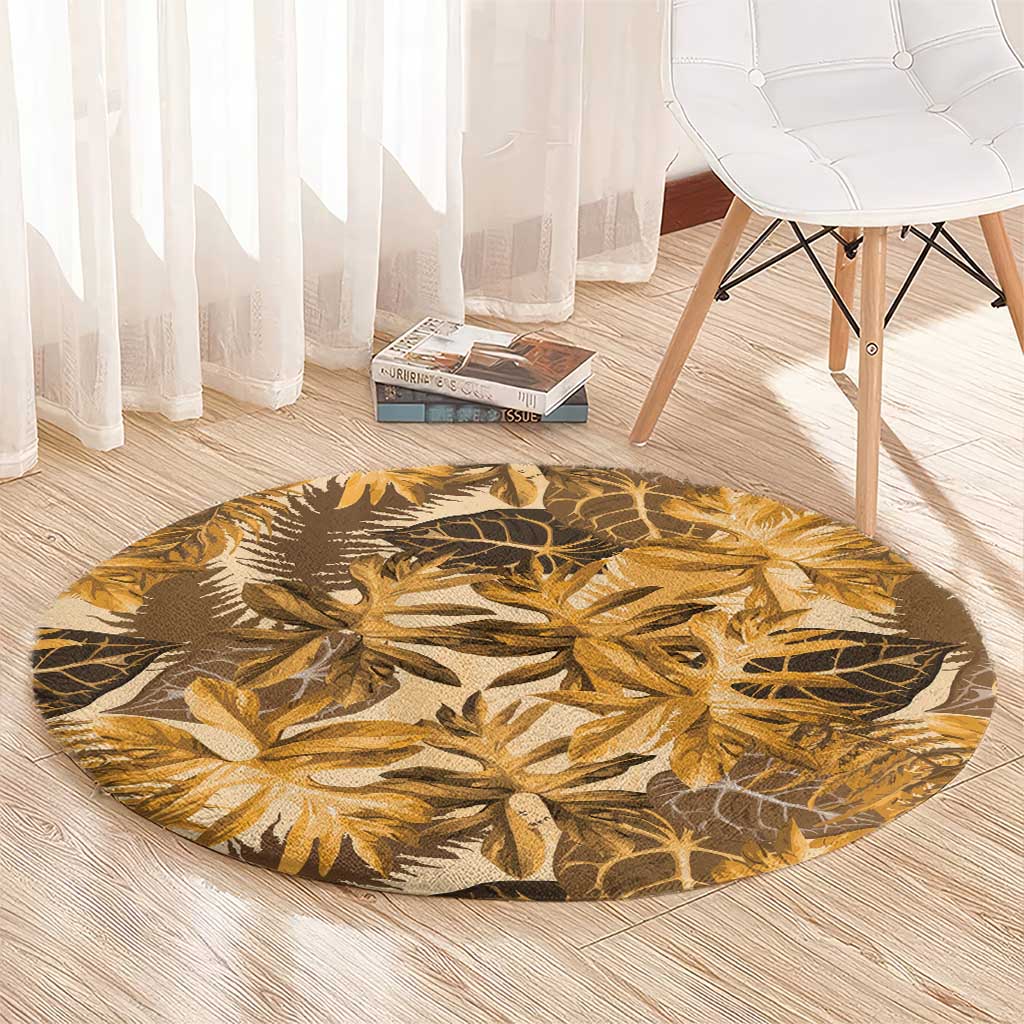 Hawaii Gold Tropical Leaves Round Carpet - Polynesian Pride