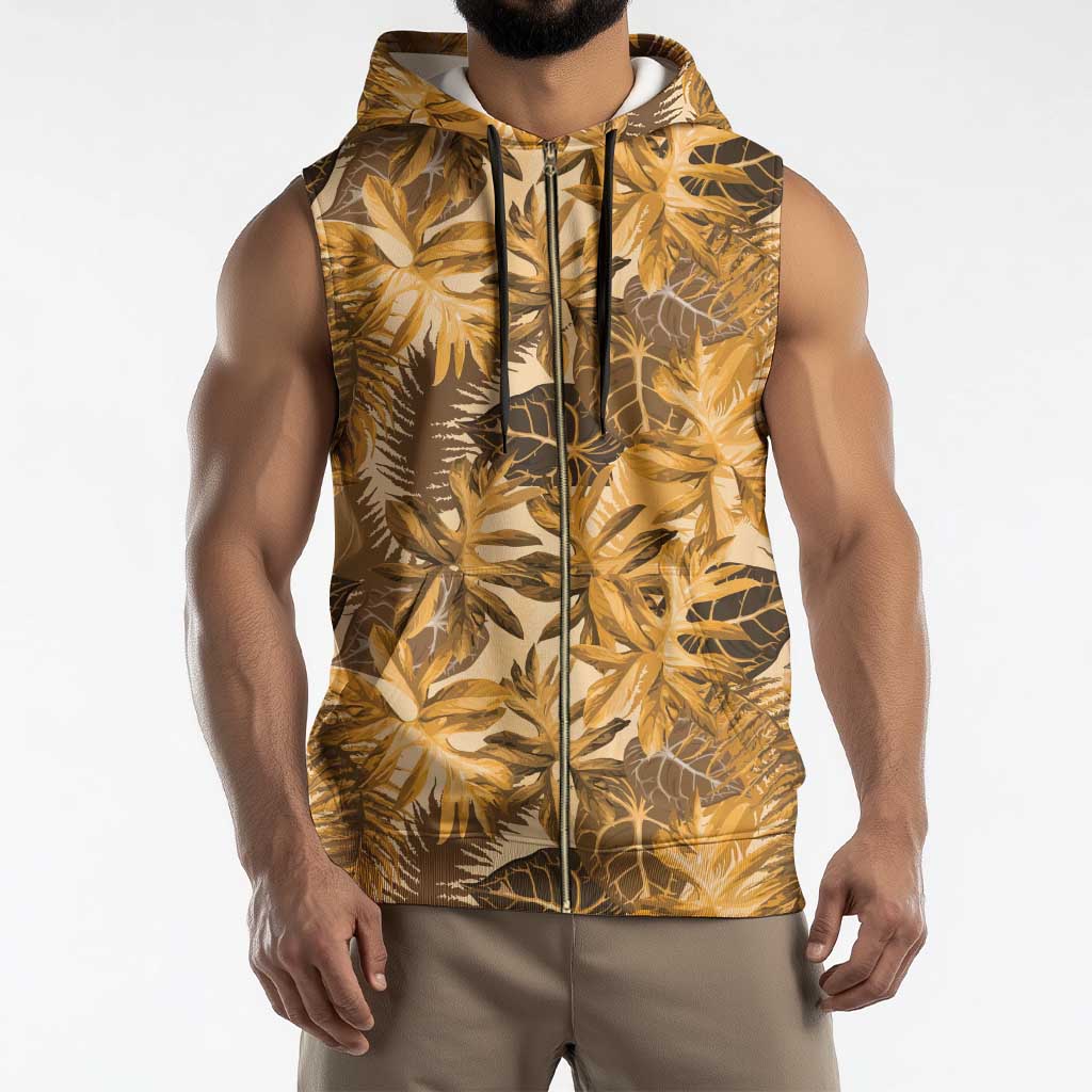 Hawaii Gold Tropical Leaves Sleeveless Zip Hoodie - Polynesian Pride