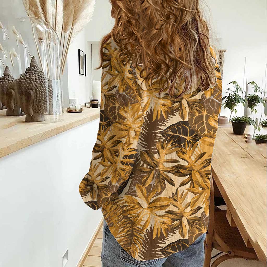 Hawaii Gold Tropical Leaves Women Casual Shirt - Polynesian Pride