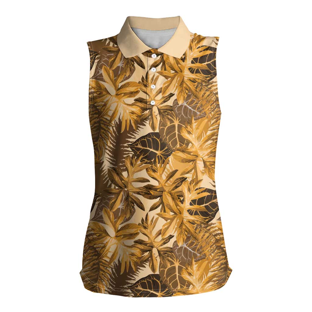 Hawaii Gold Tropical Leaves Women Sleeveless Polo Shirt - Polynesian Pride