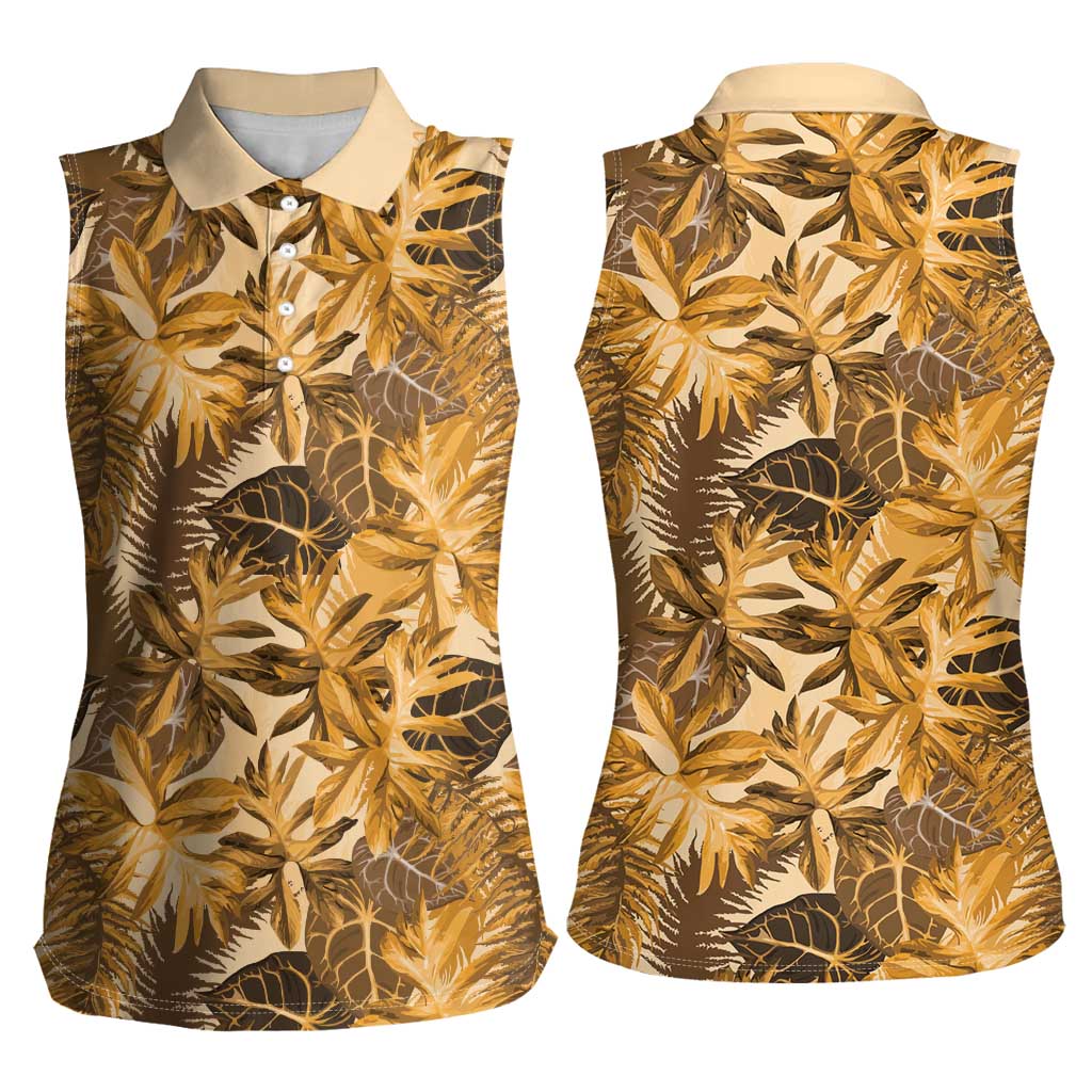 Hawaii Gold Tropical Leaves Women Sleeveless Polo Shirt - Polynesian Pride