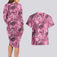 Hawaii Pink Tropical Leaves Couples Matching Long Sleeve Bodycon Dress and Hawaiian Shirt - Polynesian Pride