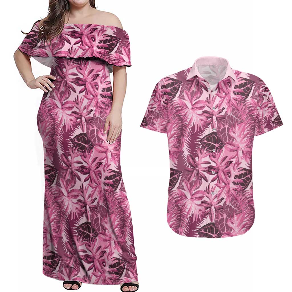 Hawaii Pink Tropical Leaves Couples Matching Off Shoulder Maxi Dress and Hawaiian Shirt - Polynesian Pride