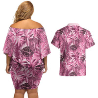 Hawaii Pink Tropical Leaves Couples Matching Off Shoulder Short Dress and Hawaiian Shirt - Polynesian Pride