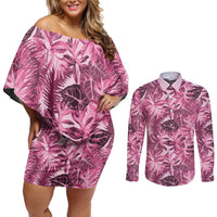 Hawaii Pink Tropical Leaves Couples Matching Off Shoulder Short Dress and Long Sleeve Button Shirt - Polynesian Pride