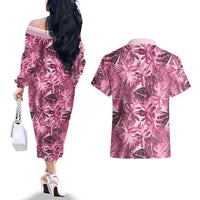 Hawaii Pink Tropical Leaves Couples Matching Off The Shoulder Long Sleeve Dress and Hawaiian Shirt - Polynesian Pride