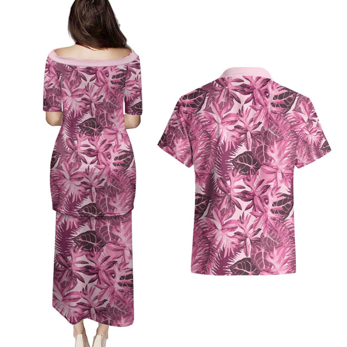 Hawaii Pink Tropical Leaves Couples Matching Puletasi and Hawaiian Shirt - Polynesian Pride
