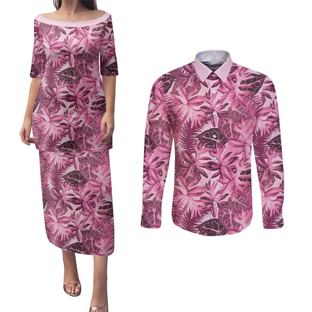 Hawaii Pink Tropical Leaves Couples Matching Puletasi and Long Sleeve Button Shirt - Polynesian Pride