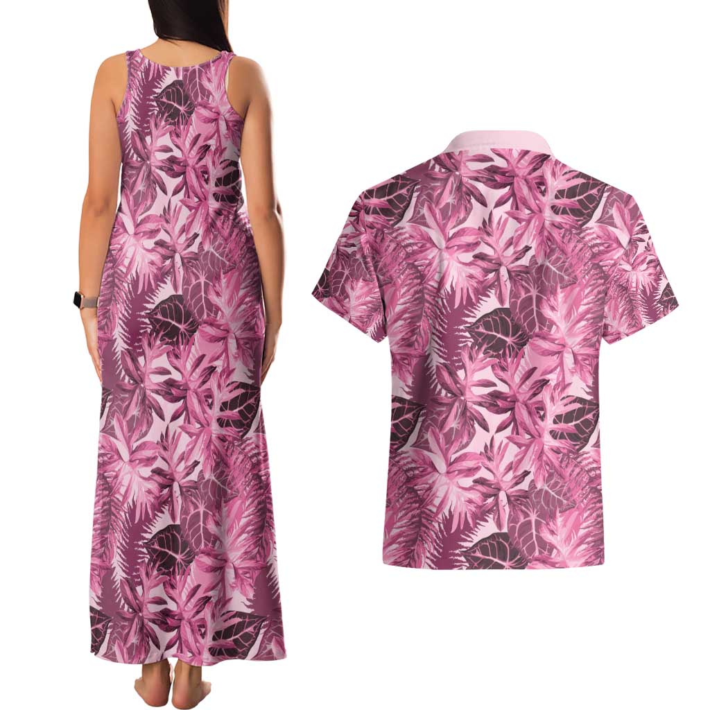 Hawaii Pink Tropical Leaves Couples Matching Tank Maxi Dress and Hawaiian Shirt - Polynesian Pride