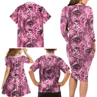 Hawaii Pink Tropical Leaves Family Matching Long Sleeve Bodycon Dress and Hawaiian Shirt - Polynesian Pride