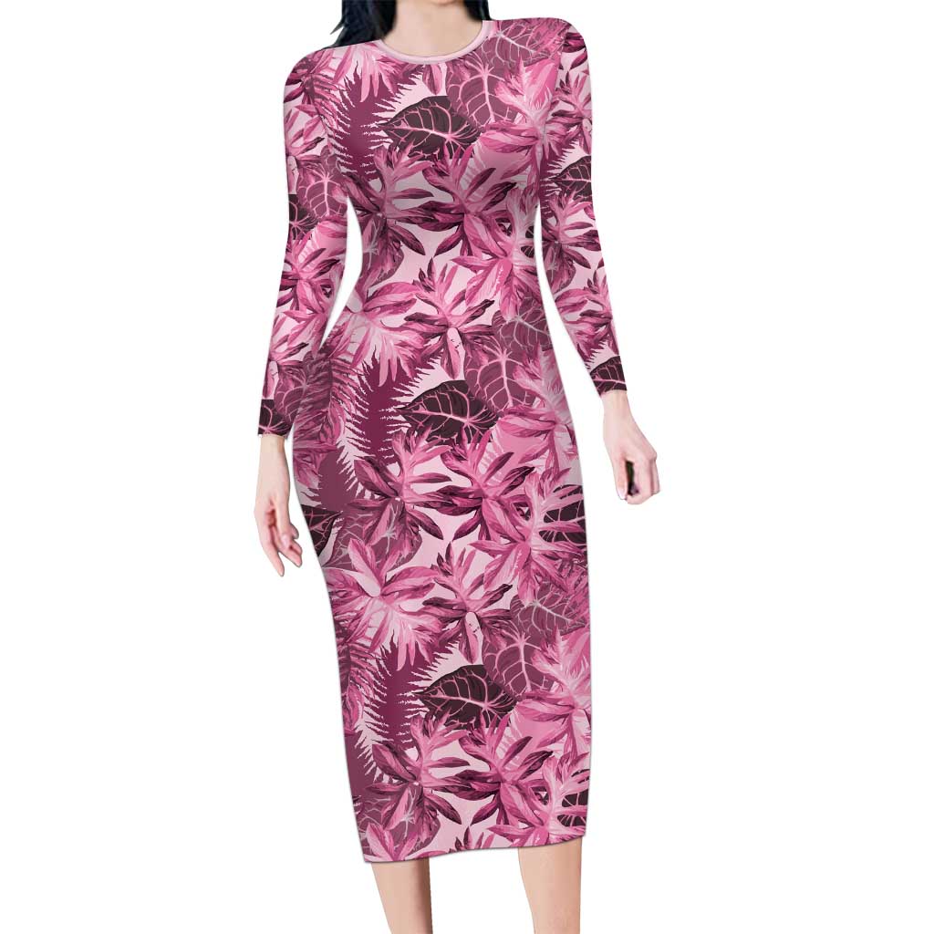 Hawaii Pink Tropical Leaves Family Matching Long Sleeve Bodycon Dress and Hawaiian Shirt - Polynesian Pride