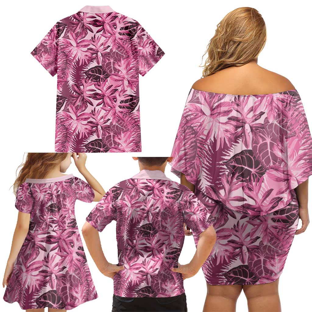 Hawaii Pink Tropical Leaves Family Matching Off Shoulder Short Dress and Hawaiian Shirt - Polynesian Pride