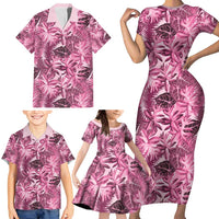 Hawaii Pink Tropical Leaves Family Matching Short Sleeve Bodycon Dress and Hawaiian Shirt - Polynesian Pride