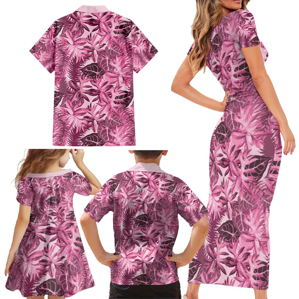 Hawaii Pink Tropical Leaves Family Matching Short Sleeve Bodycon Dress and Hawaiian Shirt - Polynesian Pride