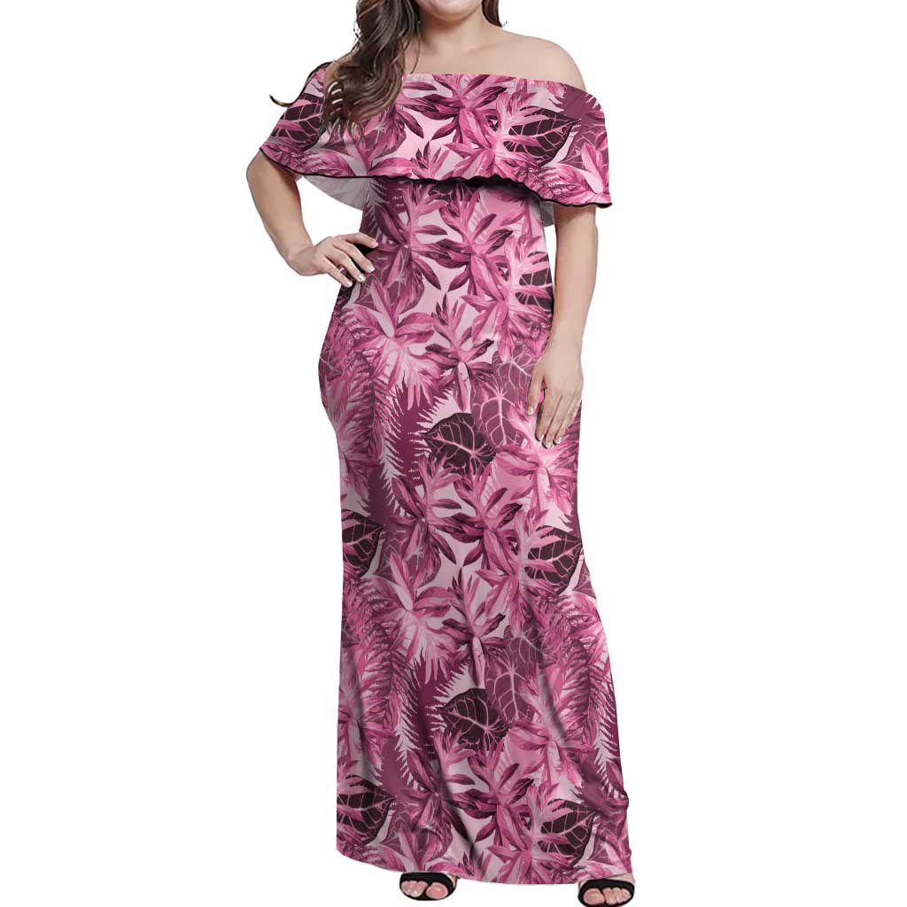 Hawaii Pink Tropical Leaves Off Shoulder Maxi Dress - Polynesian Pride
