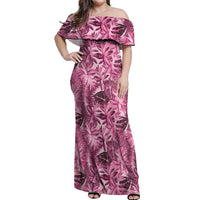 Hawaii Pink Tropical Leaves Off Shoulder Maxi Dress - Polynesian Pride
