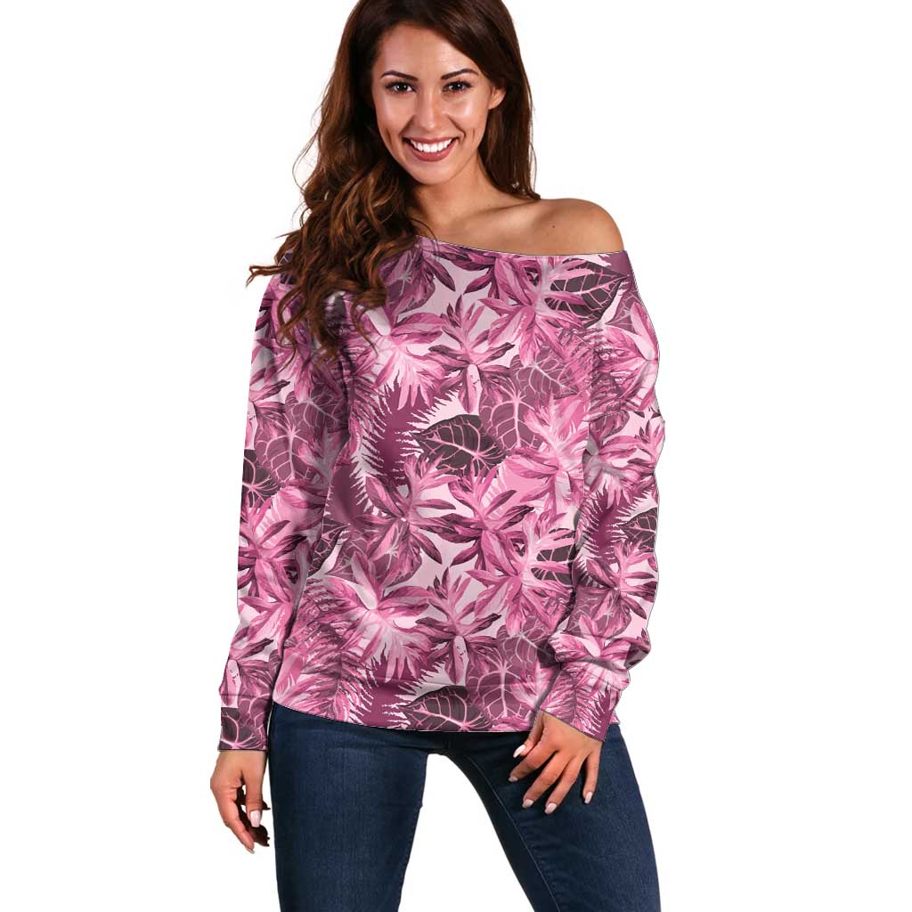 Hawaii Pink Tropical Leaves Off Shoulder Sweater - Polynesian Pride