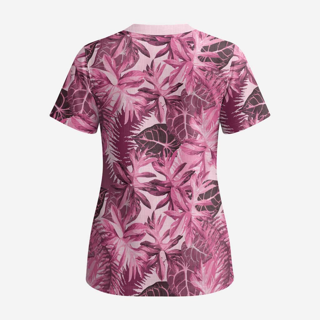 Hawaii Pink Tropical Leaves Scrub Top LT01 - Polynesian Pride