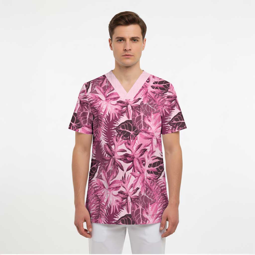 Hawaii Pink Tropical Leaves Scrub Top LT01 - Polynesian Pride